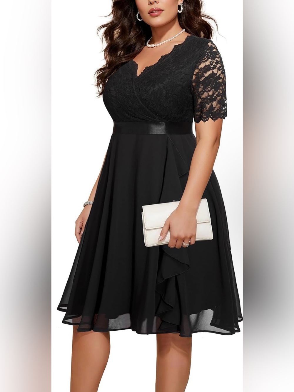 Talisea Plus Size Wedding Guest Lace Chiffon Ruffle Tea Length Dress